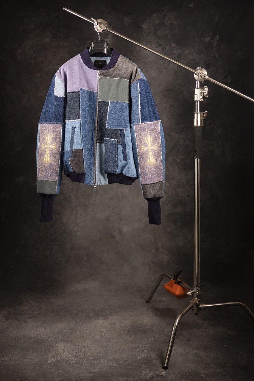 patchwork denim bomber jacket faux fur lined