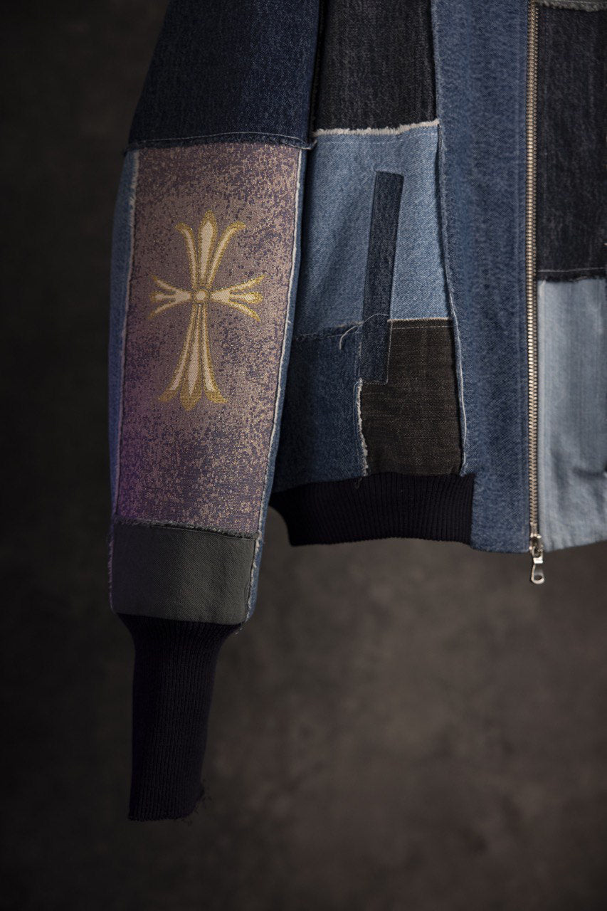 patchwork denim bomber jacket faux fur lined