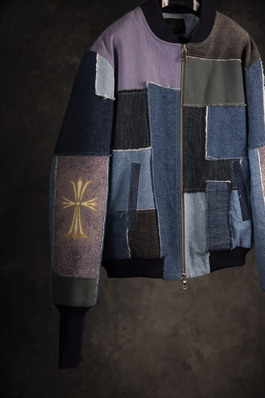patchwork denim bomber jacket faux fur lined