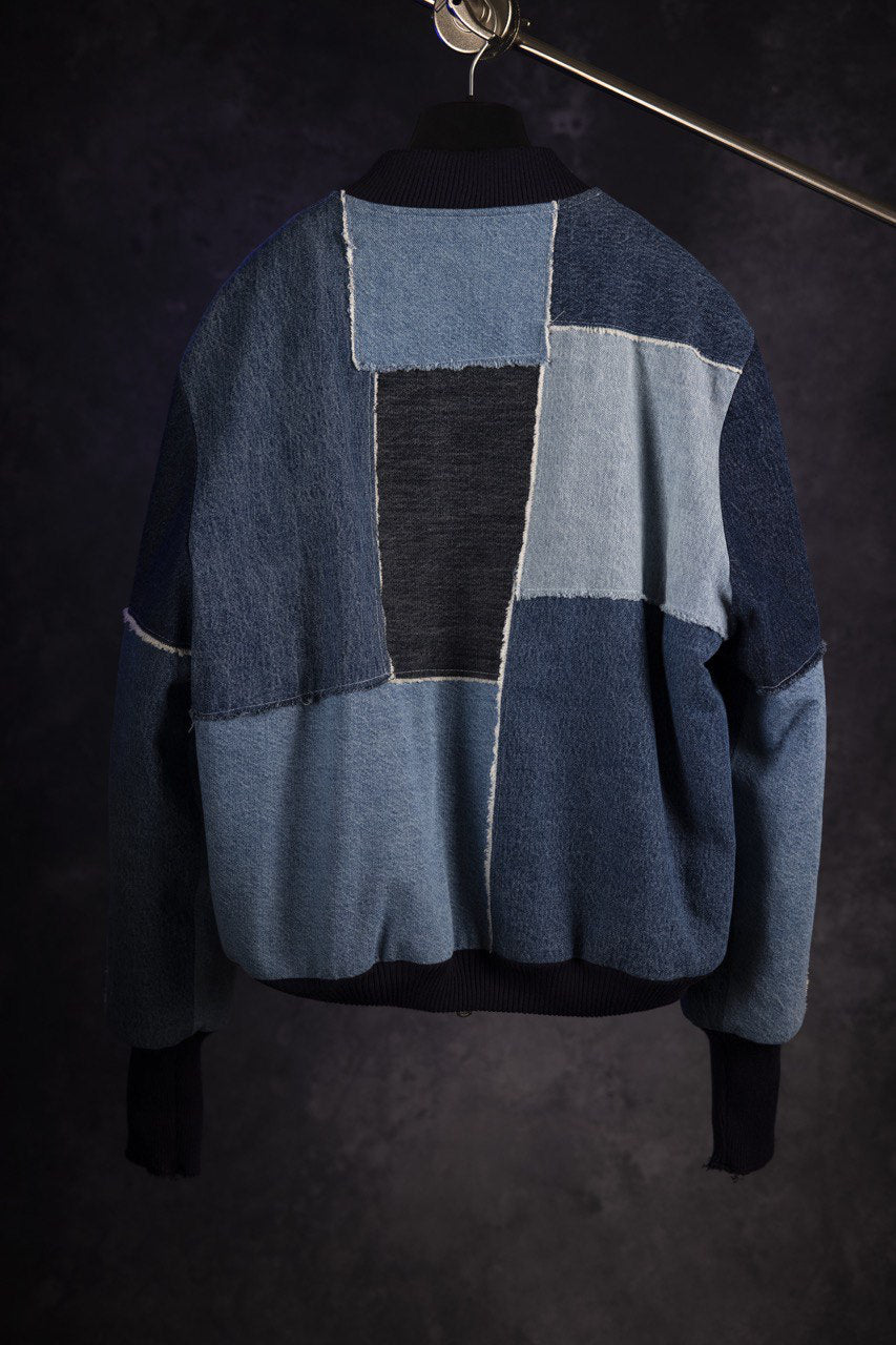 patchwork denim bomber jacket faux fur lined