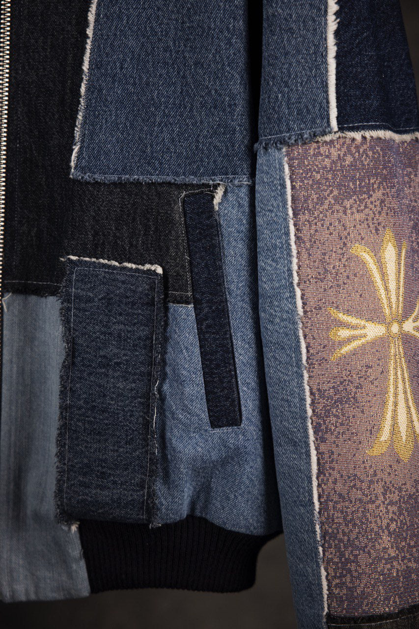 patchwork denim bomber jacket faux fur lined