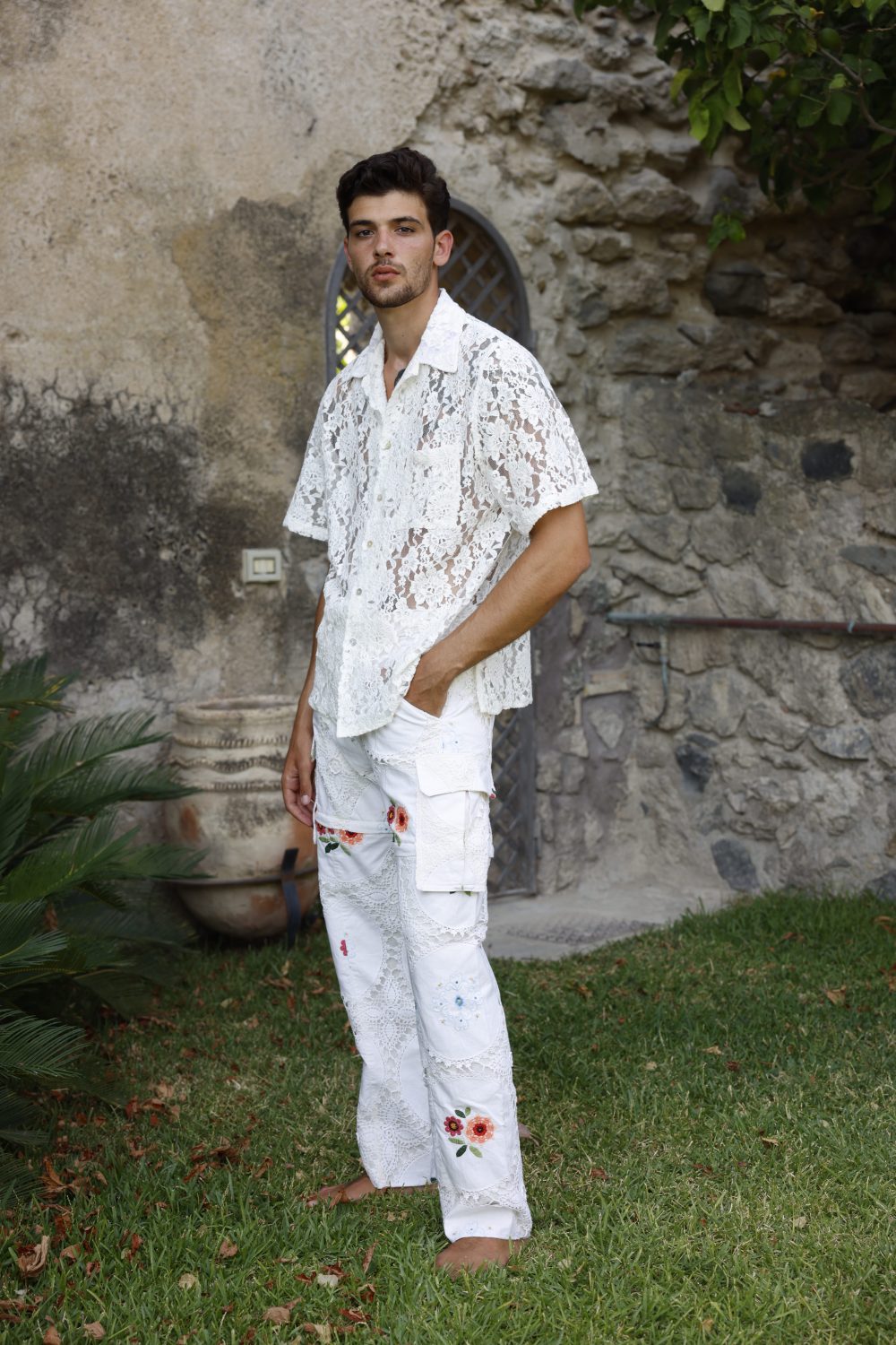 one of a kind cargo pant made with 70s table cloth