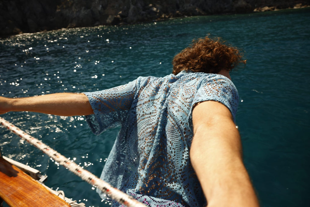 Antique linen macrame indico dyed shirt